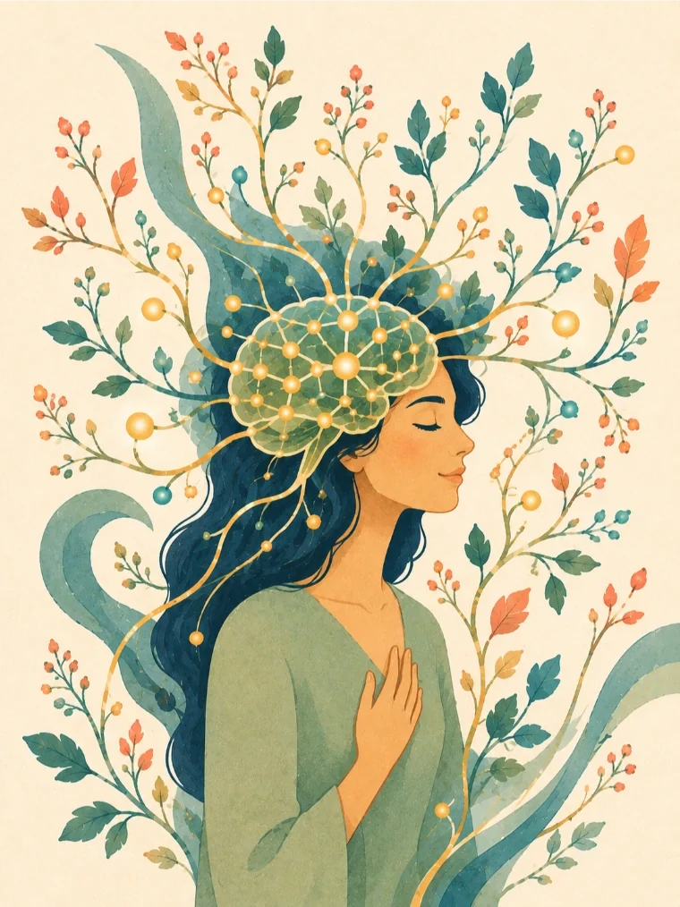 Watercolor illustration of a calm woman with a flourishing brain and botanical branches, hand resting on her chest