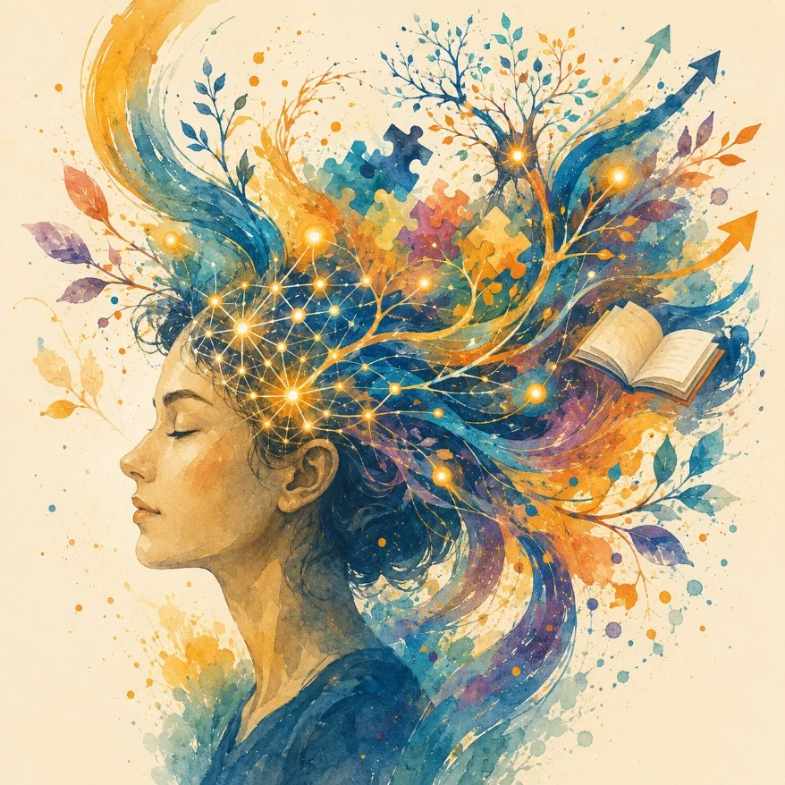 Vibrant illustration of a woman with colourful ideas, stars and new growth flowing from her mind