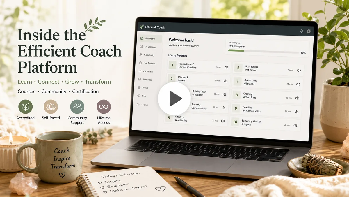 Inside the Efficient Coach platform: modules, progress bar and live-class hub
